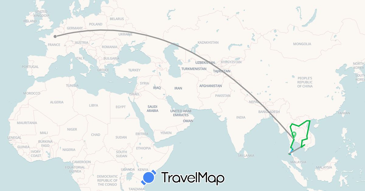 TravelMap itinerary: driving, bus, plane, boat in France, Cambodia, Laos, Thailand, Vietnam (Asia, Europe)
